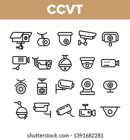 Surveillance Cameras, CCTV Linear Icons Vector Set. Security System, CCTV Thin Line Illustrations Collection. Home Safety Equipment. Wall, Ceiling Surveillance Cam Types Outline Symbols