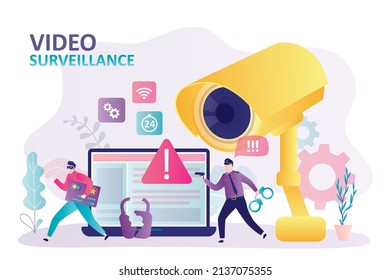 Surveillance cameras help stop crime. Police officer chasing thief for arrest. Police tracked down robber on CCTV cameras. Operator informed policeman about attempted robbery. Flat vector illustration