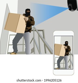 Surveillance cameras are monitoring the masked person. CCTV footage monitored on smartphone. Someone caught on camera cctv