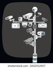 Câmeras de vigilância em uma rua estão observando de perto e espionando todos em qualquer lugar e sempre, ilustração de desenhos vetoriais