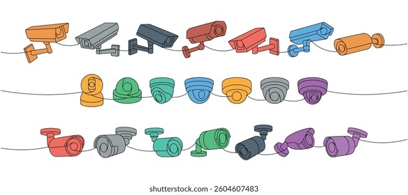 Surveillance cameras one line colored continuous drawing. Safety home protection system. Vector illustration.