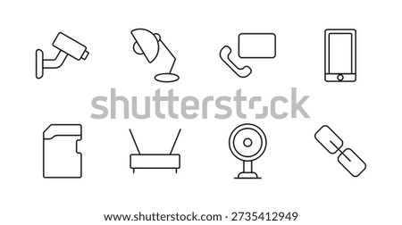 Surveillance and communication set icon. CCTV, desk lamp, call with screen, smartphone, folder, antenna, webcam, satellite link drawn in thin line style for monitoring and telecom context.