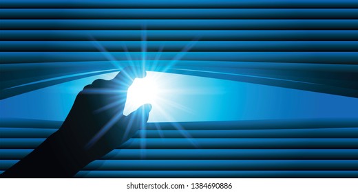 Surveillance concept with a hand raising the blades of a Venetian blind to look out the window of the sky on a sunny day.