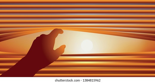 Surveillance concept with a hand raising the blades of a Venetian blind to look out the window of the sky on a sunny day.