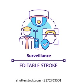 Surveillance Concept Icon. Physical Security Framework Form Abstract Idea Thin Line Illustration. Facial Recognition. Isolated Outline Drawing. Editable Stroke. Arial, Myriad Pro-Bold Fonts Used