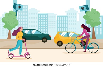 Surveillance concept. Safety equipment for protection and control. Video surveillance of street conditions and traffic. Criminal and thief crime CCTV warning detector. Flat cartoon vector illustration