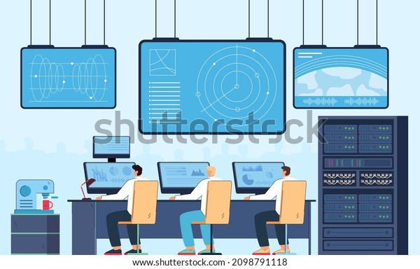 Surveillance and control of scientists over
launch of spaceship. Space flight command from space center with
working team of people at computer monitors flat vector
illustration. Space station
concept
