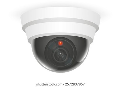 Surveillance. Dome cameras white designs with red indicator lights. Representing security, monitoring, video recording, CCTV systems, privacy, technology, and safety equipment for modern environments