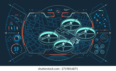 drones de vigilância ou tecnologia de mapeamento aéreo, gráfico de drone alinhado com fundo GPS e interface geográfica futurista