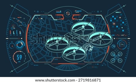 surveillance drones or aerial mapping technology, graphic of lined drone with GPS background and futuristic geographic interface