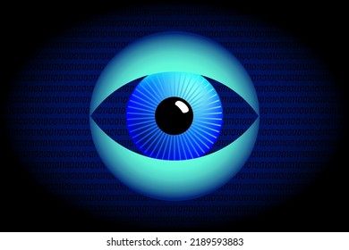 Surveillance eye and Big Data symbol. Blue eyeball between wide open spread turquoise eyelids, in front of a dark blue background, with binary coding of zero and one numbers, in random order. Vector