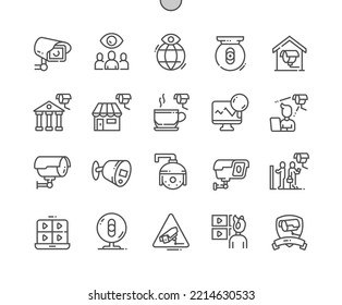 Surveillance. House Security. Monitoring, Cyber Security, Smart Home, Computer Security. Pixel Perfect Vector Thin Line Icons. Simple Minimal Pictogram