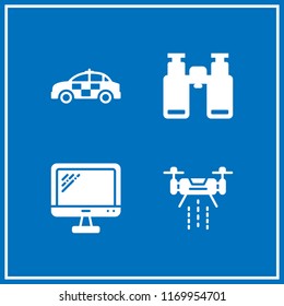 surveillance icon. 4 surveillance vector set. monitor, binoculars, police car and drone icons for web and design about surveillance theme