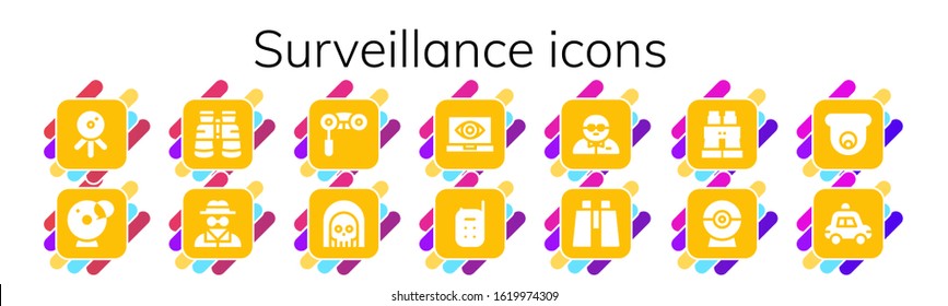 surveillance icon set. 14 filled surveillance icons.  Simple modern icons such as: Web cam, Cam, Binoculars, Invisible man, Death, Spy, Baby monitor, Bodyguard, Cctv, Police car