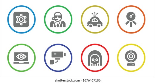 surveillance icon set. 8 filled surveillance icons.  Simple modern icons such as: Hidden camera, Spy, Bodyguard, Security camera, Police car, Death, Web cam, Cam