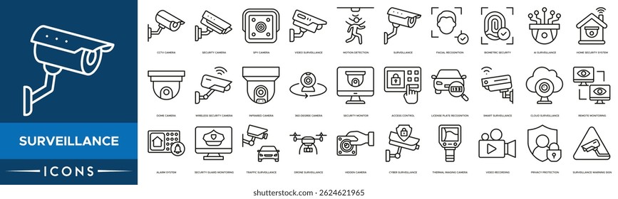 Conjunto de ícones de vigilância. Câmera CCTV, Câmera de segurança, Câmera espiã, Vigilância em vídeo, Detecção de movimento, Vigilância e Reconhecimento facial
