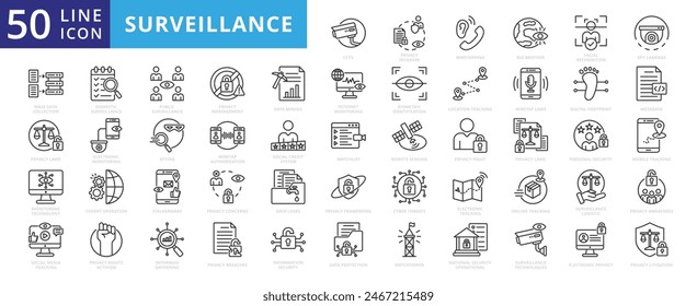 Surveillance icon set with security, camera, cctv, privacy invasion, wiretapping, big brother, facial recognition, spy cameras and laws.