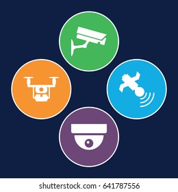 Surveillance icons set. set of 4 surveillance filled icons such as satellite, security camera