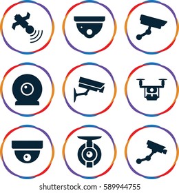 surveillance icons set. Set of 9 surveillance filled icons such as security camera, Security camera, satellite