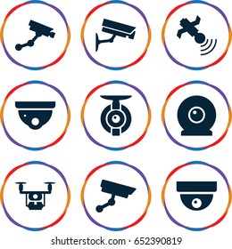 Surveillance icons set. set of 9 surveillance filled icons such as security camera, security camera, satellite
