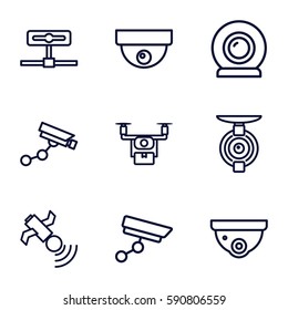 iconos de vigilancia establecidos. Conjunto de 9 iconos de contorno de vigilancia como cámara de seguridad, cámara de seguridad, satélite