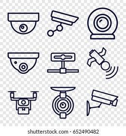 Surveillance icons set. set of 9 surveillance outline icons such as security camera, satellite, web camera