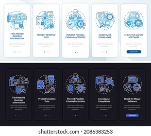 Surveillance legality dark, light onboarding mobile app page screen. Control walkthrough 5 steps graphic instructions with concepts. UI, UX, GUI vector template with night and day mode illustrations