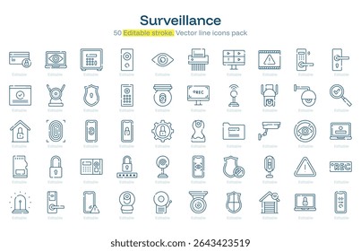 Surveillance line icon pack. Surveillance Stroke icon set. Editable Stroke ico