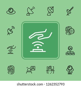 Surveillance line icon set. Camera, satellite dish, fingerprint. Security concept. Can be used for topics like modern technology, protection, access