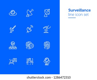 Surveillance line icon set. Camera, satellite dish, fingerprint. Security concept. Can be used for topics like modern technology, protection, access