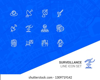 Surveillance line icon set. Camera, satellite dish, fingerprint. Security concept. Can be used for topics like modern technology, protection, access