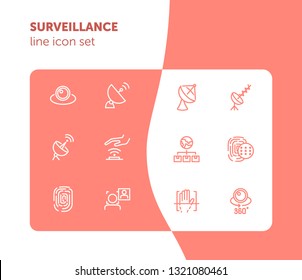 Surveillance line icon set. Camera, satellite dish, fingerprint. Security concept. Can be used for topics like modern technology, protection, access