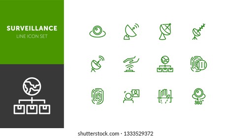 Surveillance line icon set. Camera, satellite dish, fingerprint. Security concept. Can be used for topics like modern technology, protection, access