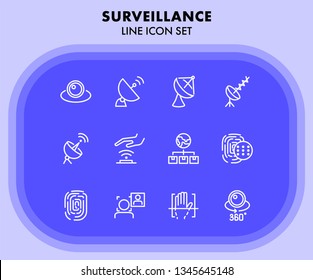 Surveillance line icon set. Camera, satellite dish, fingerprint. Security concept. Can be used for topics like modern technology, protection, access