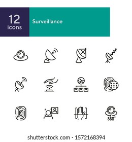 Surveillance line icon set. Camera, satellite dish, fingerprint. Security concept. Can be used for topics like modern technology, protection, access