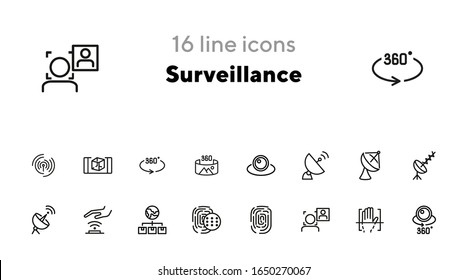 Surveillance line icon set. Camera, satellite dish, fingerprint. Security concept. Can be used for topics like modern technology, protection, access