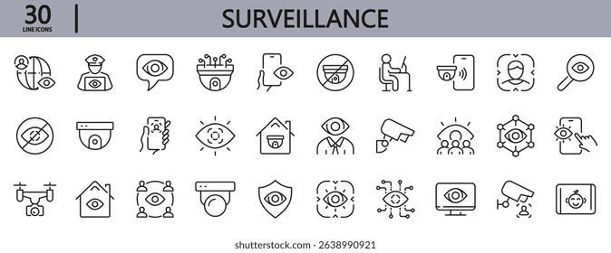Surveillance line icons set with CCTV, Security, Camera, Face, Detection, Recognition, Identity and more. Editable Stroke