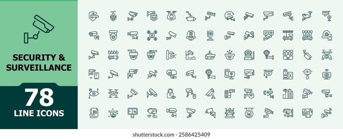 Surveillance line icons set. Related to guard, cyberspace, accessprotection, access, cctv and more. Perfect for logos and infographic. Minimalist editable vector stroke.