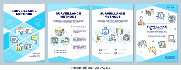 Plantilla de folleto de métodos de vigilancia. Supervisión de empleados. Volante, folleto, folleto impreso, diseño de portada con iconos lineales. Diseños vectoriales para presentación, informes anuales, páginas publicitarias