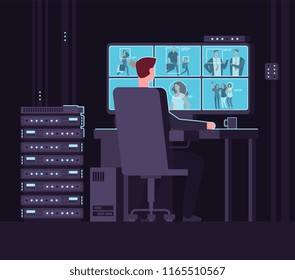 Surveillance monitoring room. Man watching surveillance camera on monitor in dark control room. Security service and cctv vector concept. Surveillance guard control, watching man screen illustration