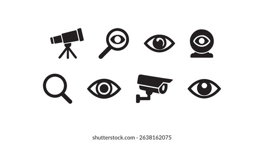 Surveillance and observation icons: telescope, magnifying glass, camera.