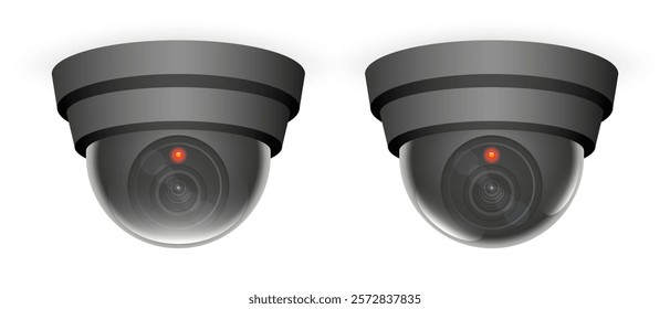 Surveillance. Pair of black dome cameras with red indicator lights. Video monitoring, security systems, observation, protection, and advanced technology for ensuring safety in public or private spaces