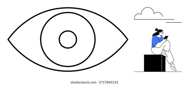 Surveillance, privacy, digital focus, technology use, modern reading, online connection. Large eye illustration next to woman reading on mobile. Privacy and technology use concept