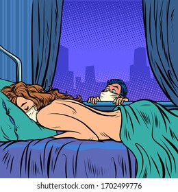 Surveillance Of Private Life In The Context Of The Epidemic. Woman Sleeping At Home With A Medical Mask. Comics Caricature Pop Art Retro Illustration Drawing