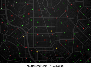 Surveillance or satellite traffic tracking. City map screen with traffic jam, danger and safety road points vector background with metropolis street satellite view, city blocks with glowing dots