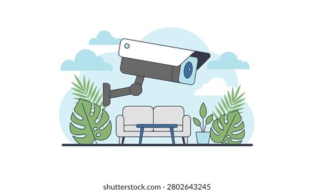 Surveillance security camera mounted on wall overlooking living room area with couch, coffee table, and potted plants on white background.