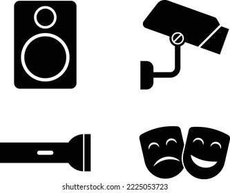 Surveillance or Security Camera, Theater Happy and Sad Face Mask and Flashlight Torch Icon Set