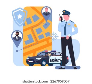 Surveillance and security for client or facility to ensure safety. Policeman with radio. Police car. Monitoring technology. Mobile map app. GPS positioning. Officer