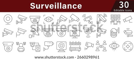 Surveillance Security Editable Line Icons Set for Monitoring, CCTV, Privacy, and Safety Systems