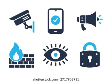 Conjunto de iconos de sistemas de vigilancia y seguridad. Iconos de la serie de glifos sólidos